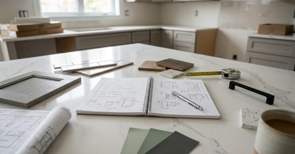 Kitchen renovation checklist with cabinet samples, countertop materials, color swatches, and design plans.