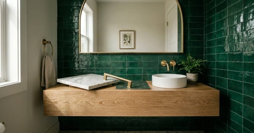 Modern powder room with green tiles and floating wood vanity.