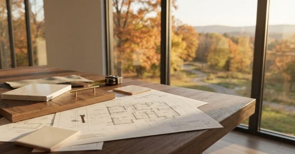 Architectural blueprints, material samples, and finish swatches arranged on a wooden table beside large windows during home renovation planning.