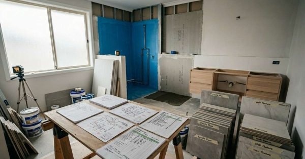 Bathroom renovation project workspace featuring construction plans, material selections, waterproofed shower area, custom vanity installation, tile samples, and a residential bathroom remodel in progress.