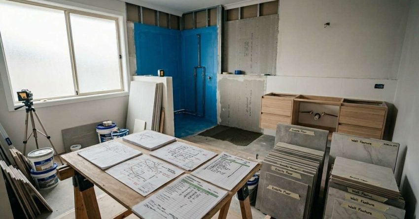 Bathroom renovation project workspace featuring construction plans, material selections, waterproofed shower area, custom vanity installation, tile samples, and a residential bathroom remodel in progress.