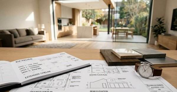 Home extension project timeline, architectural plans, and material samples displayed in a modern open-plan living space.