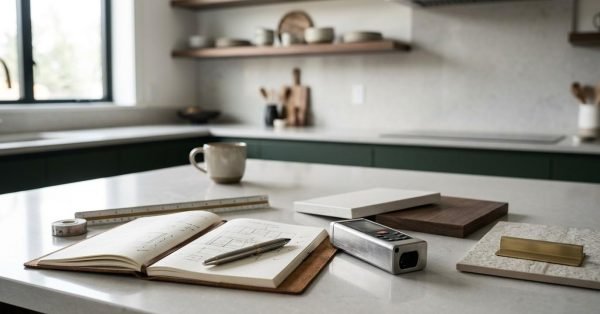 Kitchen renovation planning materials with measurements, finish samples, and design notes on a modern kitchen island.