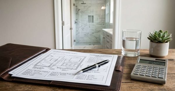 Bathroom renovation budget planning with calculator and blueprints.