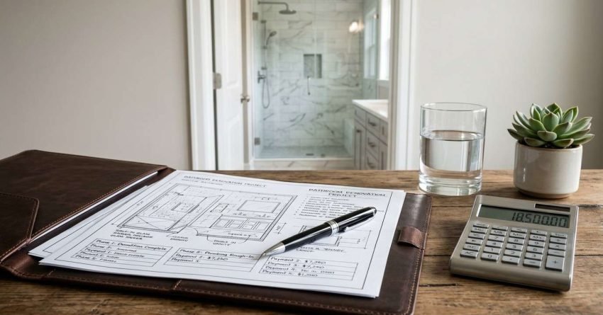 Bathroom renovation budget planning with calculator and blueprints.