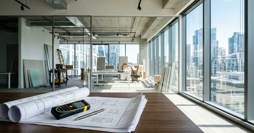 Office renovation plans and measuring tools on a desk in a modern workspace.
