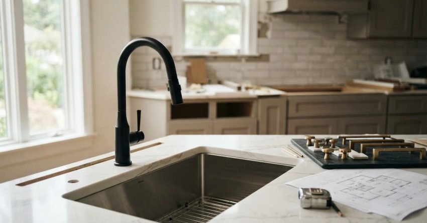 Modern kitchen remodel featuring a new sink and faucet, countertop plans, cabinet hardware samples, and renovation blueprints on a marble island.