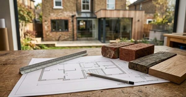 Architectural floor plan with material samples and measuring tools overlooking a completed home extension and renovation project.