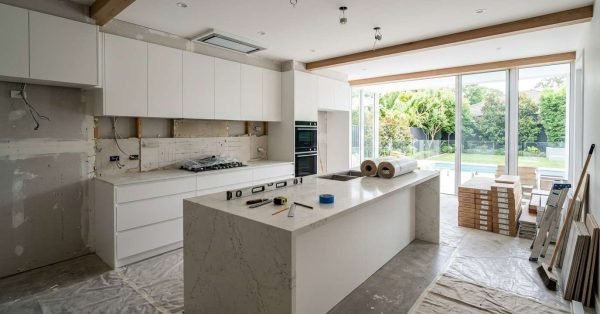 Modern kitchen renovation in progress with installed cabinetry, quartz island, unfinished backsplash, and flooring materials prepared for final installation