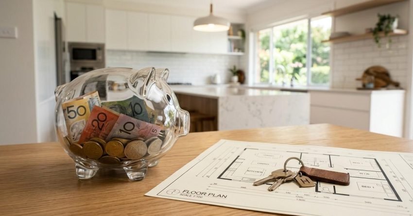 Piggy bank with savings, house floor plan, and keys representing home renovation budgeting and financing.