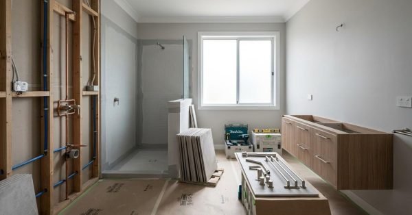 Bathroom renovation in progress featuring waterproofed shower installation, exposed plumbing rough-ins, floating vanity cabinetry, tile preparation, and contemporary bathroom fit-out works.