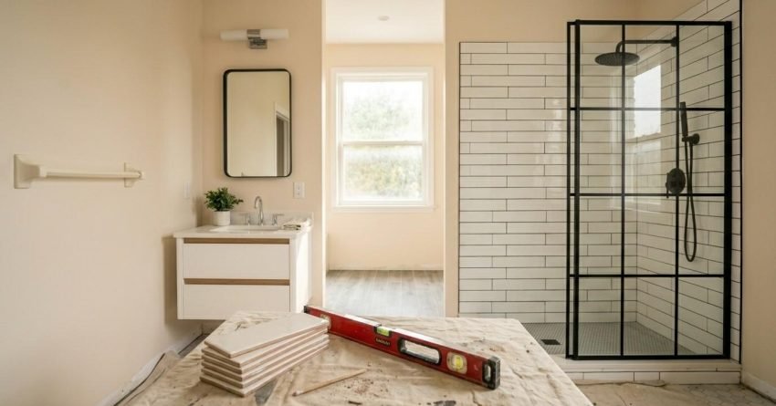Bathroom renovation with tiled shower and installation tools.
