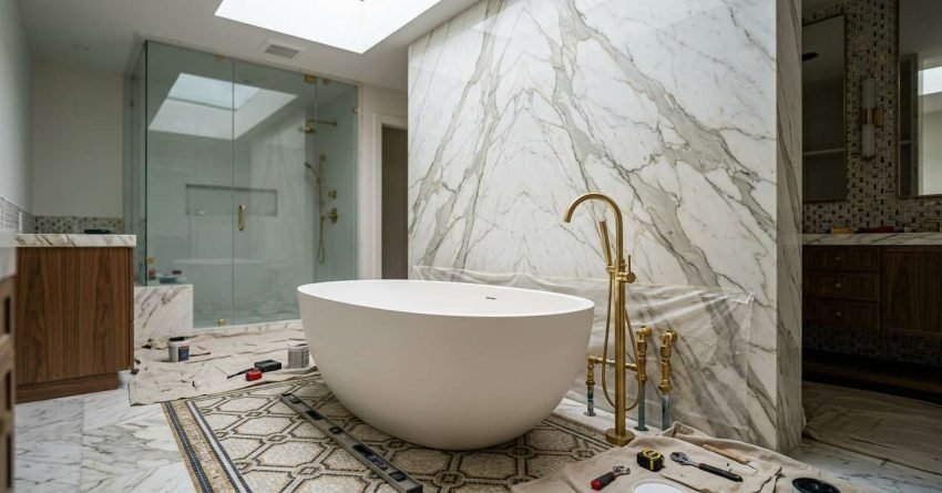 Luxury bathroom renovation with freestanding tub, marble walls, and installation tools.