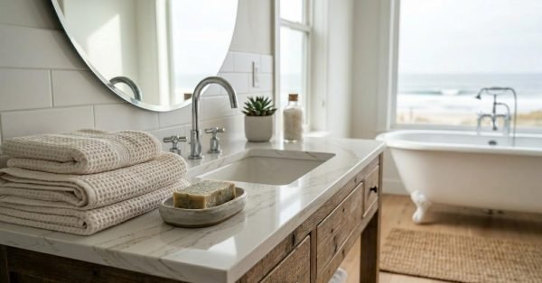 Coastal-style bathroom featuring a marble vanity, freestanding bathtub, natural textures, and large windows with relaxing ocean views.