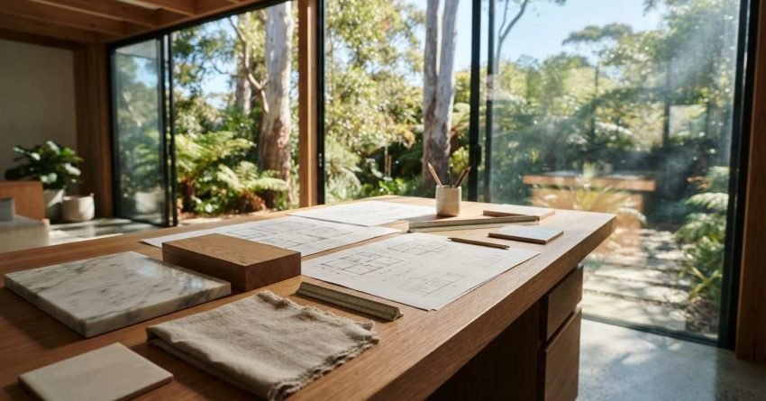 Home extension design plans, material samples, and drafting tools arranged on a timber island overlooking a bright garden through floor-to-ceiling glass doors.
