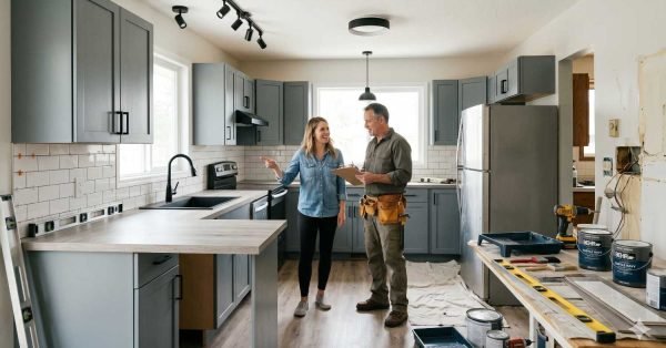 Budget kitchen renovation showing painted cabinets, new handles, updated lighting, and affordable upgrades achievable with $15000