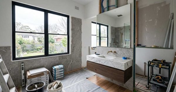 Bathroom renovation in progress with floating vanity, large-format tile installation, exposed plumbing, and unfinished shower area