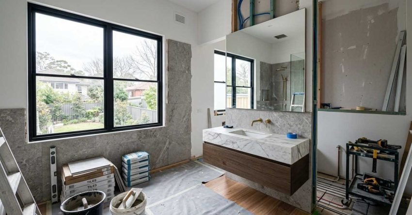 Bathroom renovation in progress with floating vanity, large-format tile installation, exposed plumbing, and unfinished shower area