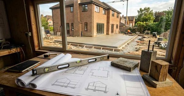 Residential extension foundation construction with architectural plans, leveling tools, and concrete samples overlooking a newly poured slab.