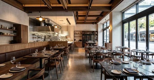 Modern restaurant interior renovation featuring open kitchen design, custom timber joinery, floor-to-ceiling glazing, ambient lighting, premium dining seating, and a contemporary hospitality fit-out.