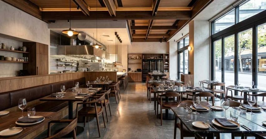 Modern restaurant interior renovation featuring open kitchen design, custom timber joinery, floor-to-ceiling glazing, ambient lighting, premium dining seating, and a contemporary hospitality fit-out.