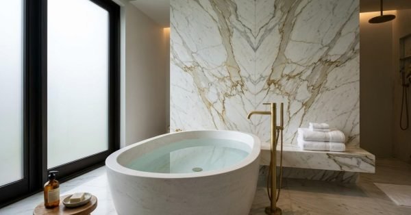 Luxury bathroom with freestanding tub and marble feature wall.