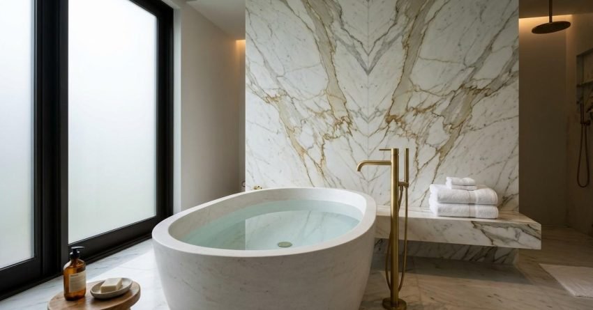 Luxury bathroom with freestanding tub and marble feature wall.
