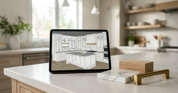 Tablet displaying a 3D kitchen design on a countertop beside cabinet samples and brass hardware in a bright kitchen.