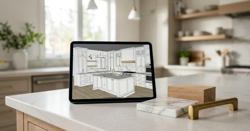 Tablet displaying a 3D kitchen design on a countertop beside cabinet samples and brass hardware in a bright kitchen.