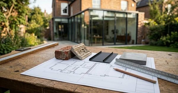 Architectural floor plan with material samples and measuring tools displayed on a workbench in front of a modern glass home extension.