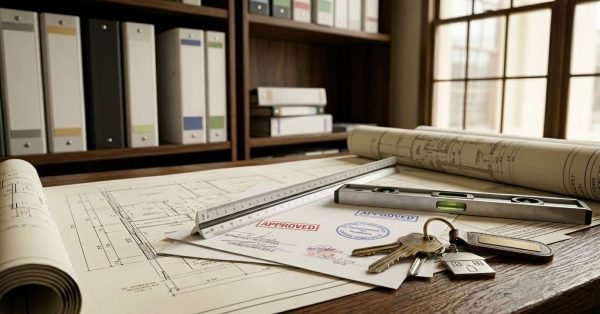 Approved building plans, permits, and house keys for residential construction or renovation approval.