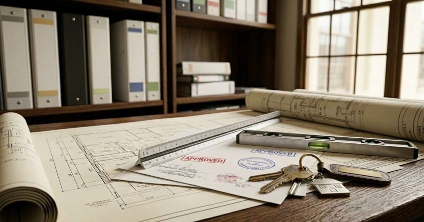 Approved building plans, permits, and house keys for residential construction or renovation approval.