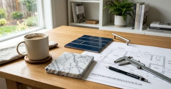 Bathroom remodel planning with material samples and floor plans.