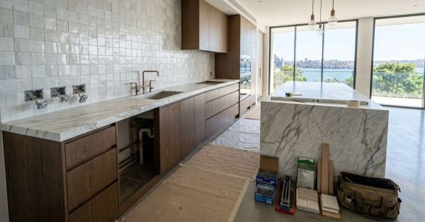 Luxury kitchen renovation nearing completion with marble waterfall island, custom wood cabinetry, tiled backsplash, and harbor-view open-plan living space