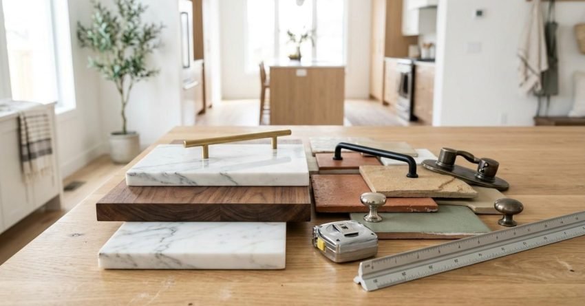 Home renovation material samples, cabinet hardware, and measuring tools displayed in a modern residential interior.