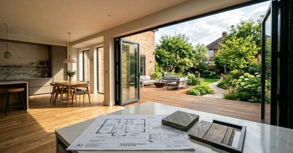 Open-plan rear home extension with bi-fold doors, architectural floor plans, and material samples overlooking a landscaped garden and outdoor living area.