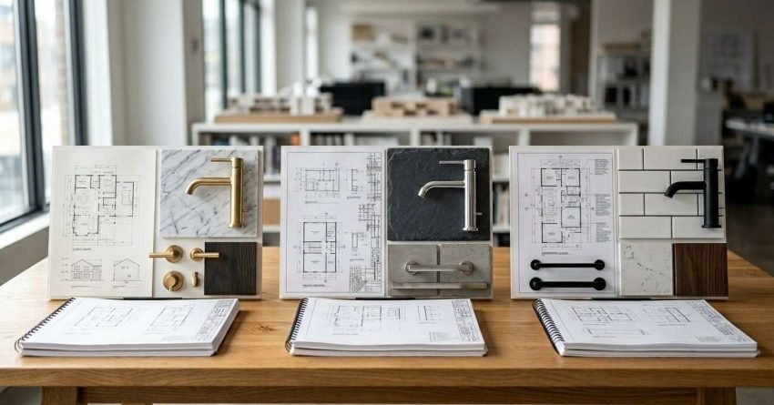 Bathroom renovation design boards with material samples and floor plans.