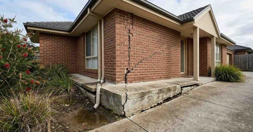 House foundation damage with severe brick wall cracking, concrete slab settlement, and visible structural movement requiring inspection and repair