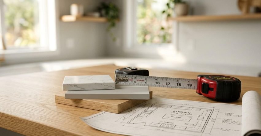Kitchen renovation materials, tape measure, and floor plan arranged on a wooden table.