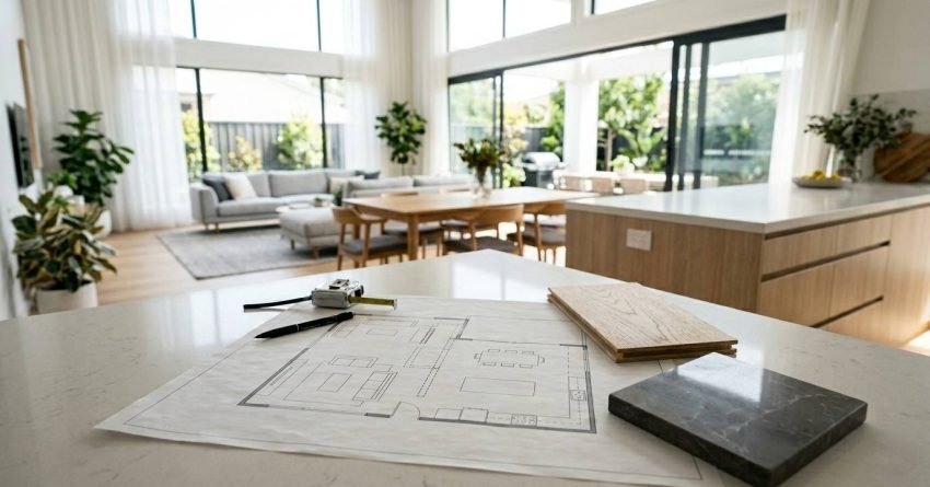 Open-plan home renovation design with floor plans, material samples, and kitchen island layout planning in a modern living space.