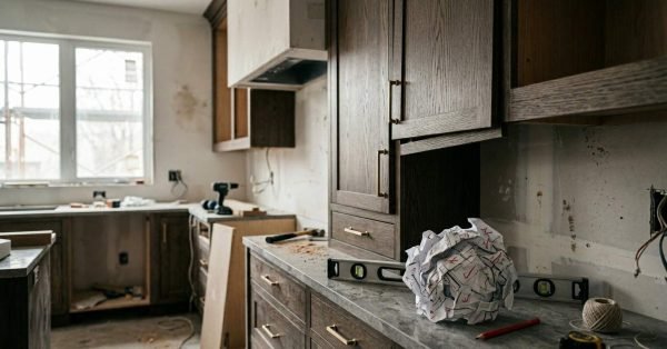 Partially renovated kitchen with dark cabinets, tools, and a crumpled marked-up plan on the countertop.