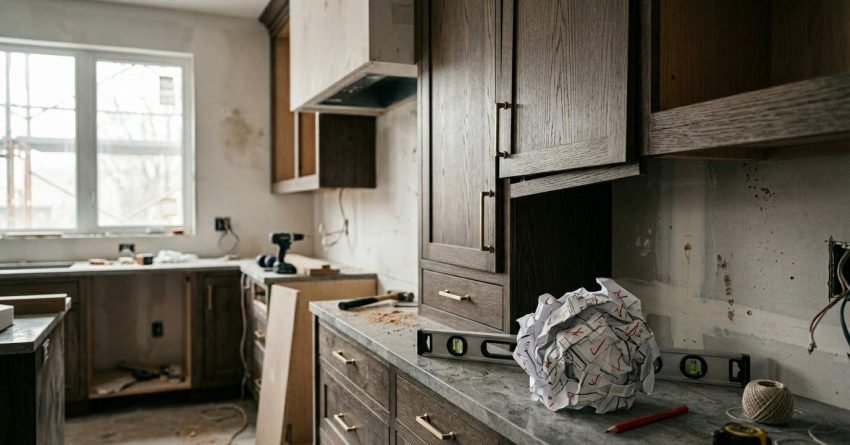 Partially renovated kitchen with dark cabinets, tools, and a crumpled marked-up plan on the countertop.