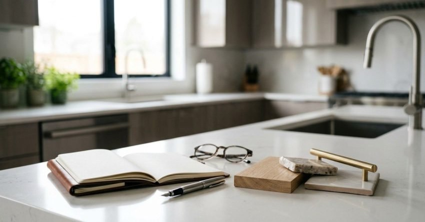 Kitchen renovation planning workspace with design notebook, material samples, and modern kitchen background.