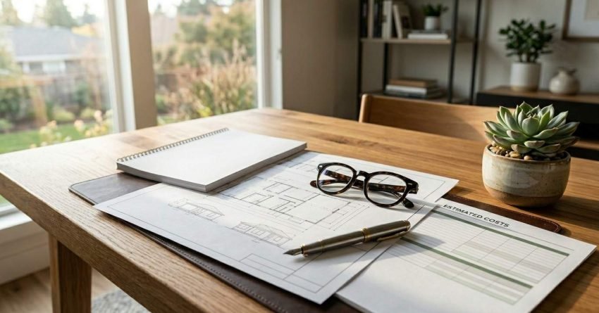 Construction plans and cost estimate documents on a desk.