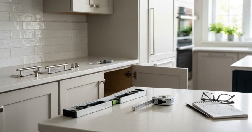 Kitchen renovation with cabinet hardware installation tools, open cabinets, measuring tape, level, and renovation plans on a modern kitchen island.