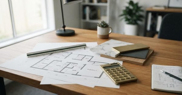 Floor plan, calculator, material samples, and renovation plans on a desk for an ensuite bathroom remodel.