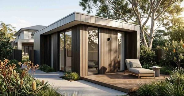 Modern granny flat with contemporary design, timber cladding, and landscaped garden.