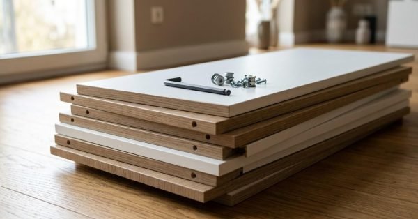 Stack of flat-pack cabinet panels with assembly hardware and Allen key on a hardwood floor.