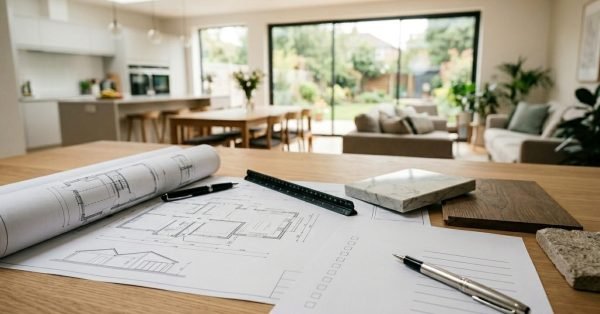 Home extension planning checklist with blueprints, material samples, and design notes displayed in a modern open-plan living area.