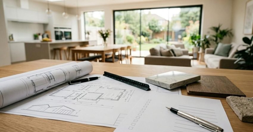Home extension planning checklist with blueprints, material samples, and design notes displayed in a modern open-plan living area.